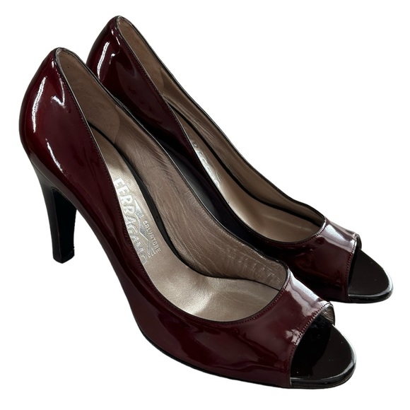 Salvatore Ferragamo Shoes - Salvatore Ferragamo Women's Peep Toe Pumps Patent Leather Burgundy Size 8.5